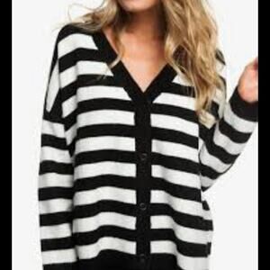 Striped sequin V-neck cardigan sweater,  women's XL navy blue white Lark Lane